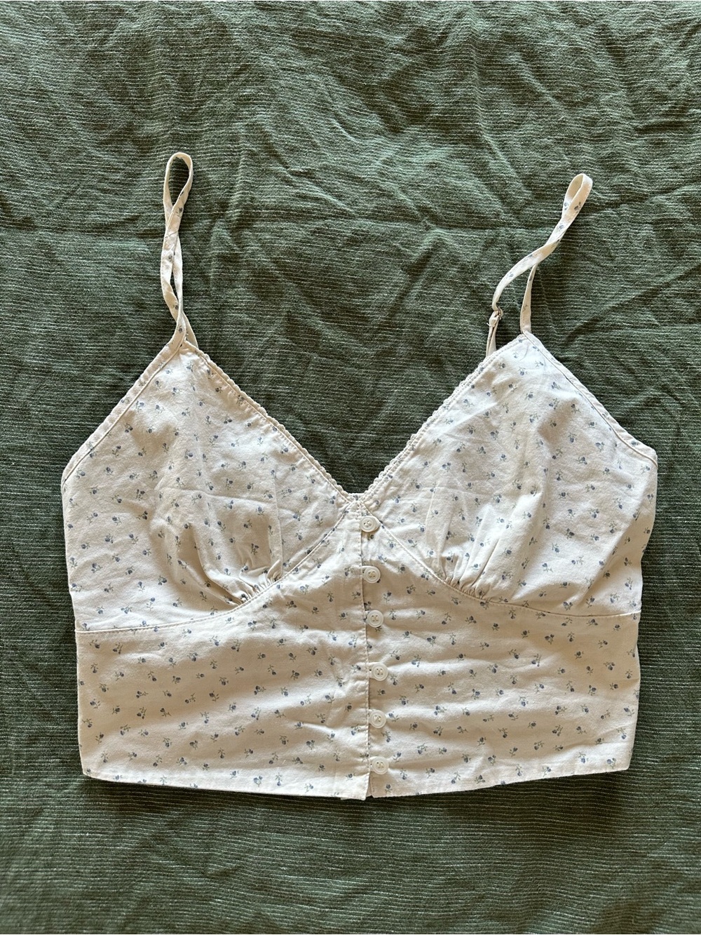 Brandy Melville Cream Floral Button Front Top with Blue Accent
